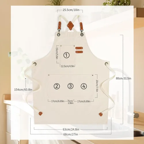 Miniatura 2 de Delantales de chef para hombres y mujeres con bolsillos grandes, delantal de cocina de lona de algodón repelente al agua para cocinar