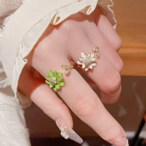 Miniatura 5 de Sonateomber Anillo de oro abierto ajustable con flores de primavera para mujer, moderno y elegante, con circonita cúbica única esmaltada frontal