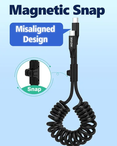 Miniatura 2 de AGVEE - Cable de carga USB-C a USB-C enrollado corto de 3 pies [Certificado USB-IF] Cargador rápido PD de 60 W para automóvil para iPhone 16/15 Negro
