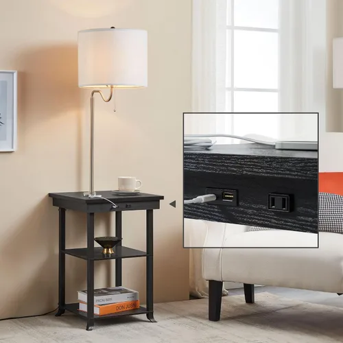 ATAMIN Mesa auxiliar con lámpara y estación de carga - Mesa auxiliar con USB-C, USB y luz incorporada - Moderna mesita de noche con cadena de