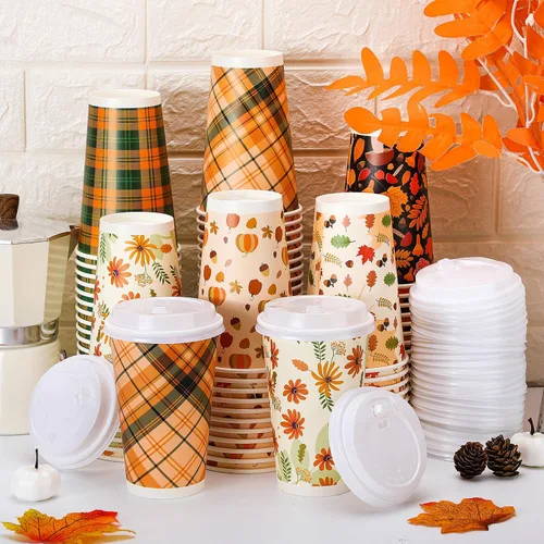 Miniatura 4 de Irenare Paquete de 96 tazas de café desechables de Acción de Gracias con tapas, 16 onzas, hojas de arce de otoño, tazas de café de papel