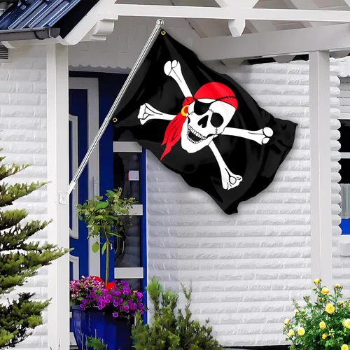 Miniatura 2 de Bandera roja de pirata Jolly Roger de 3 x 5 pies, divertida bandera estadounidense y crossbones para interiores y exteriores, universidad
