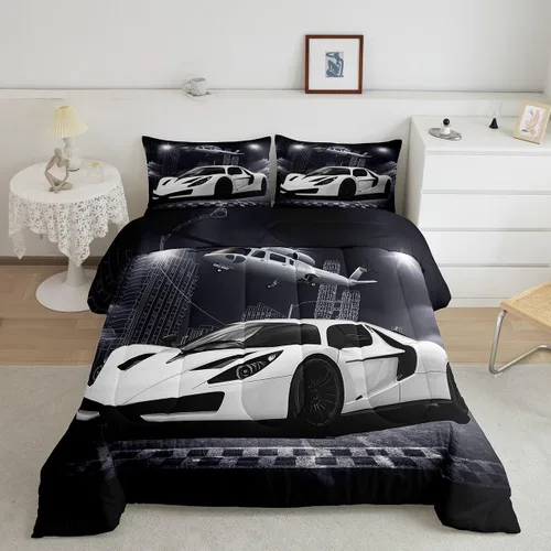 Miniatura 11 de Feelyou Juego de edredón azul de carreras para niños, juego de ropa de cama de coche deportivo para niños y niños, edredón deportivo geométrico a