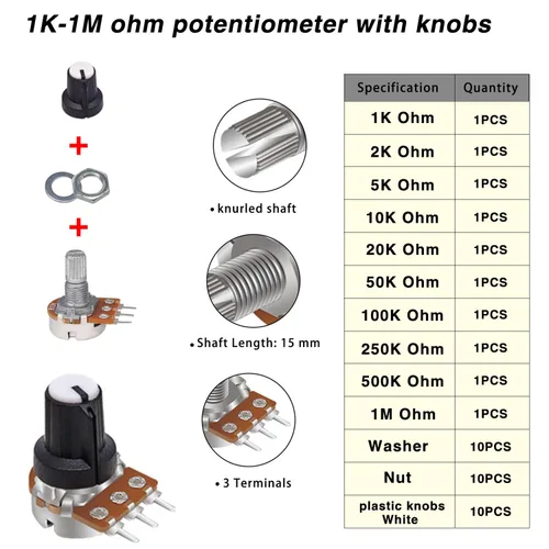 Miniatura 2 de Taiss Kit de potenciómetro de 40 piezas con perillas giratorias, WH148 B1K 2K 5K 10K 20K 50K 100K 250K 500K 1M Ohm Potenciómetros Surtido