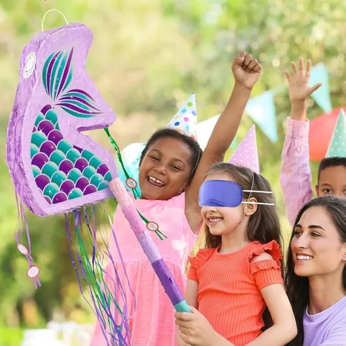 Miniatura 4 de WERNNSAI - Piñata de sirena plegable, piñata de cumpleaños con flecos que incluye cuerda para jalar, venda y bate. Decoraciones