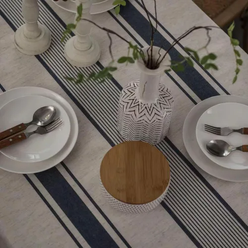 Miniatura 4 de ArtBud Mantel blanco y azul de lino de algodón, suave, lavable, para fiestas, café, cocina, decoración de rayas