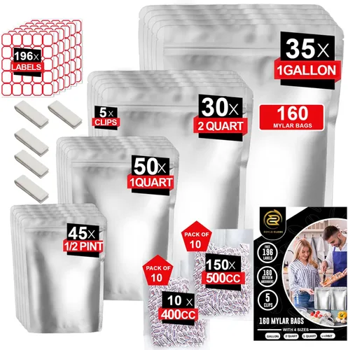 160 bolsas de Mylar con 160 absorbentes de oxígeno-196 etiquetas y bolsas reutilizables verticales de 4 tamaños herméticas y resellables para largo