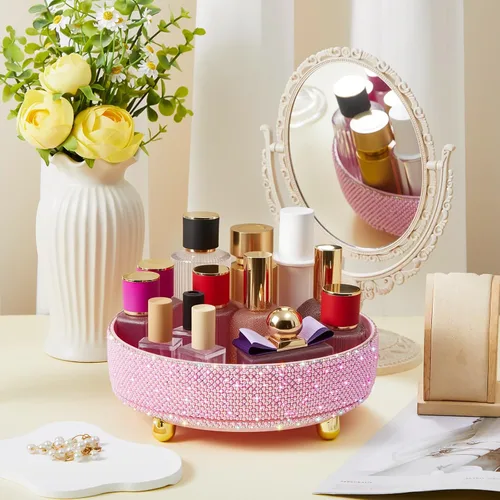 Miniatura 6 de Honeydak - Organizador de perfume giratorio de 360 grados, regalo para mujeres, organizador de cuidado de la piel con diamantes de imitación