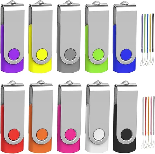 Unidad Flash de 64GB Paquete de 10, Wooolken USB 2.0 Memoria USB a Granel Pen Drive Metal Giratorio Memory Stick 64GB 10 Colores Paquete Múltiple