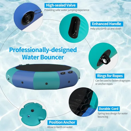 Miniatura 3 de Goplus - Trampolín inflable de agua de 10 pies, 12 pies, 15 pies, rebotador acuático recreativo con inflador eléctrico, escalera de cuerda, cuerdas