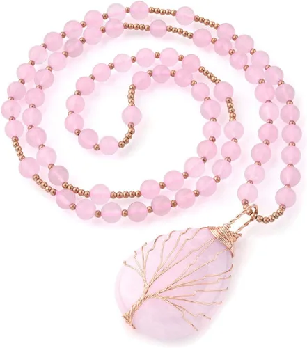 Jovivi Collar de cristales curativos de cuarzo amatista natural, con dije de piedra preciosa de chakra envuelto en lágrima envuelta en alambre de 28