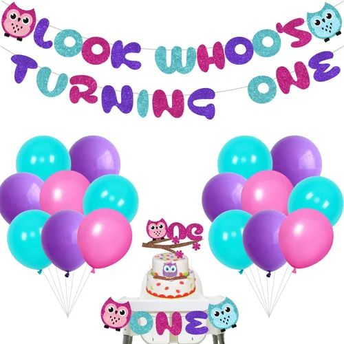 Decoraciones de fiesta de primer cumpleaños de búho de dibujos animados para niños y niñas con Look Who's Turning One, globo de látex, decoración de