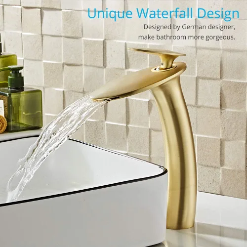 Miniatura 5 de Grifo de lavabo de baño de cascada de oro cepillado con montaje de drenaje desplegable, grifo de tocador de latón de un solo agujero, grifo