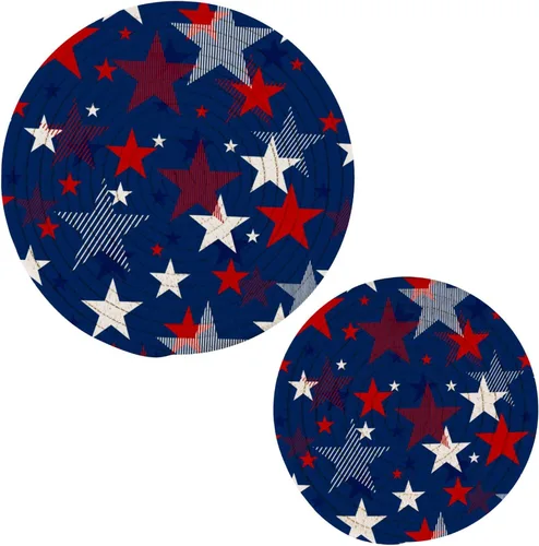 Naanle Juego de 2 salvamanteles tejidos para ollas, 4 de julio, bandera de Estados Unidos, estrellas florales azules, manteles individuales redondos