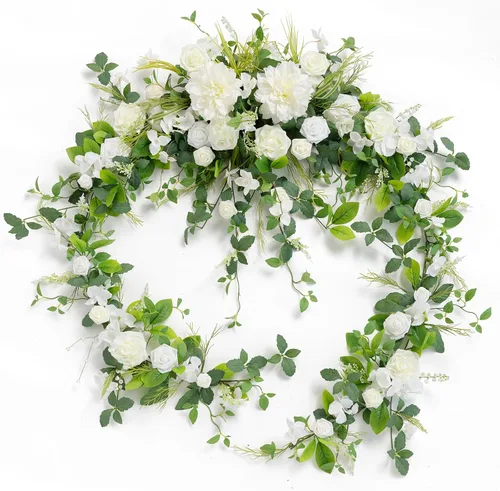 Miniatura 17 de Ling's moment Guirnalda de eucalipto y hojas de sauce de 9 pies con flor blanca, artesanal, centros de mesa para mesa de novios, decoración de mesa