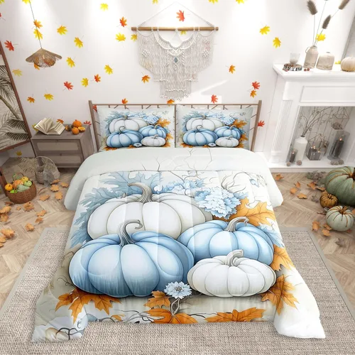 Miniatura 21 de Erosebridal Juego de edredón individual de pavo de Acción de Gracias, juego de ropa de cama de calabaza con hojas de otoño para niños y adultos