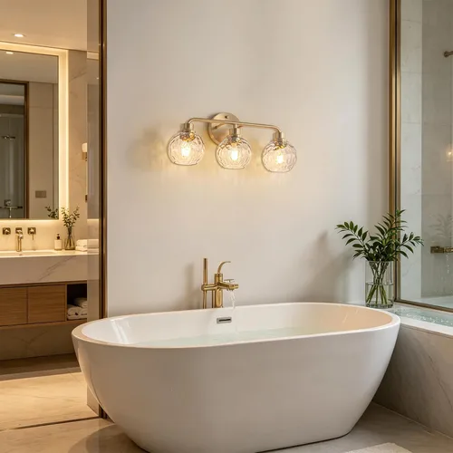 Miniatura 4 de Lámparas de baño doradas para tocador, 3 luces, apliques de pared, luces de latón cepillado con pantalla de vidrio martillado, lámpara de pared
