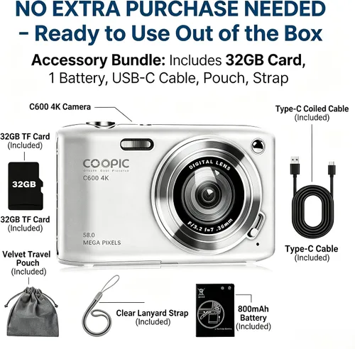 Miniatura 5 de Cámara digital de 58 MP de video 4K, cámara de enfoque automático COOPIC C600 para apuntar y disparar con antivibración para vlogging, viajes