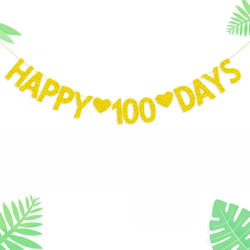 Miniatura 2 de Morndew Cartel de feliz 100 días con purpurina dorada para baby shower, fiesta de cumpleaños, suministros de decoración