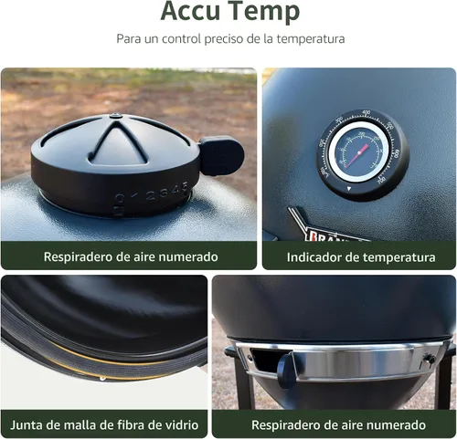 Miniatura 9 de Brand-Man - Parrilla de carbón y ahumador Kamado de acero - Rejillas de hierro fundido de 22 pulgadas, cesta de parrilla, carrito de mesa