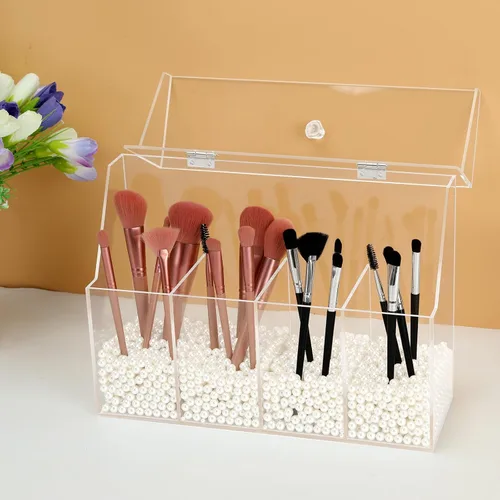 Miniatura 6 de Vevitts Organizador de Maquillaje de Acrílico, Caja de Almacenamiento de Cepillos de Cosméticos Transparente con 4 Soportes para Cepillos