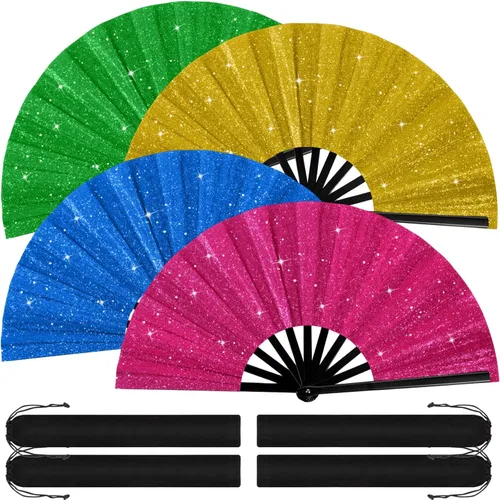 Miniatura 10 de Blulu 4 abanicos de mano plegables grandes de 13 pulgadas, abanicos gigantes que aplauden para rave, plegables para decoración de fiestas de baile