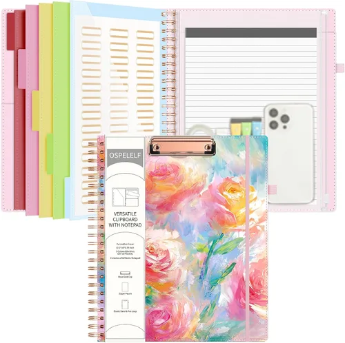 Miniatura 10 de Portapapeles de cuero Ospelelf con portafolio y bolsa con cremallera de almacenamiento, portapapeles espiral con bloc de notas para tamaño carta, 5