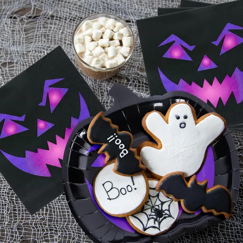 Miniatura 6 de Whaline 24 platos y servilletas de papel de calabaza de Halloween, platos desechables espeluznantes de cara de calabaza negra y morada, decoración