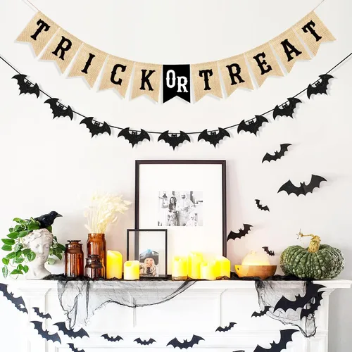 Miniatura 6 de Uniwish Cartel de arpillera de truco o trato, decoraciones de Halloween para repisa, chimenea, guirnalda de murciélagos con purpurina, banderines