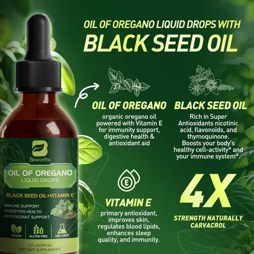 Miniatura 3 de B BEWORTHS Gotas de Aceite de Orégano Orgánico Aceite de Orégano con Aceite de Semilla Negra, Vitamina E, Gotas de Orégano 80% Carvacrol