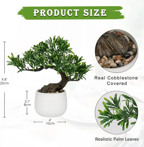Miniatura 3 de DILATATA Árbol bonsái falso con planta de enebro zen, bonsái artificial de 10 pies de alto con maceta de cerámica blanca decorada con guijarros, 10