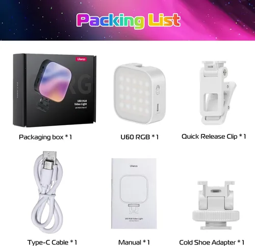 Miniatura 8 de ULANZI Luces de video RGB U60 Luz de cámara LED blanca 360° Iluminación de fotografía portátil a todo color con adaptador de zapata fría de Blanco