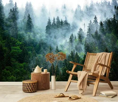 Miniatura 3 de Papel tapiz de bosque brumoso desprendible y adhesivo Mural autoadhesivo de bosque nebuloso para sala de estar, dormitorio 82"x57