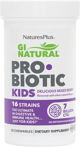 NaturesPlus GI Natural Probiotic Kids, mezcla de bayas - 30 masticables - Salud digestiva e inmunológica solo para niños - Sin gluten - 30 porciones