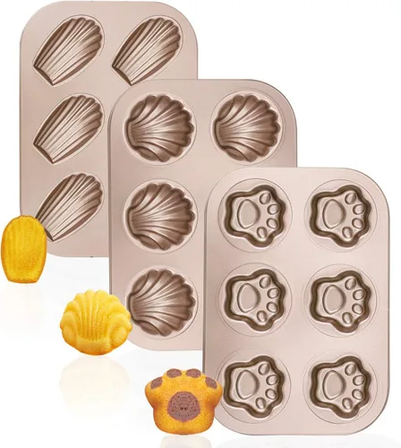 Beasea Paquete de 3 moldes Madeleine de 10 x 7 pulgadas, 6 cavidades antiadherentes en forma de gato, molde de magdalena de acero al carbono Mix
