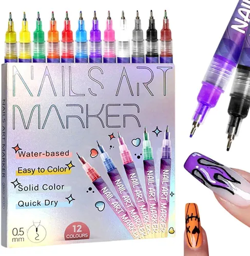 Drkicsy Juego de 12 pinceles para arte de uñas, marcadores de uñas DIY para niños y adultos, pinceles de esmalte de 0.5mm de punta fina para