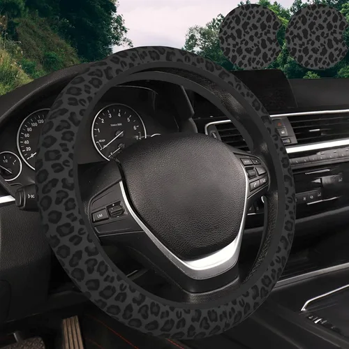 KARREAL Funda de volante con estampado de leopardo negro y 2 piezas de posavasos para automóvil, material de goma de neopreno, accesorios para