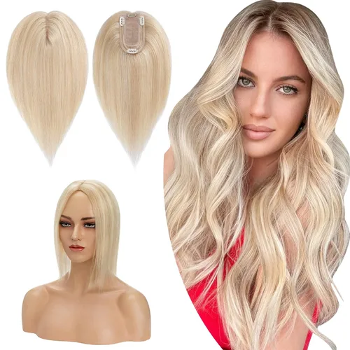Miniatura 21 de Hairro Toppers de cabello humano 100% real para mujeres sin flequillo, postizos de cabello real con clip, base de seda transpirable para cubrir
