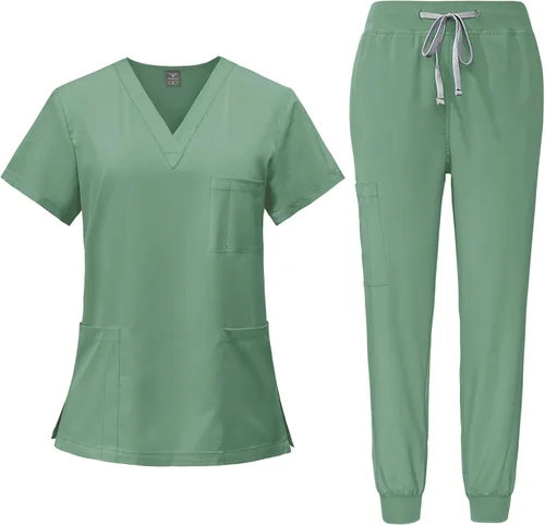 VIAOLI Conjunto de ropa quirúrgica clásica con cuello en V y pantalón deportivo de yoga, uniforme médico de enfermería para mujer, conjunto de