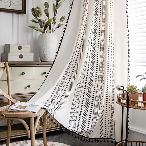 Miniatura 40 de Deeprove Cortinas bohemias para dormitorio, rayas huecas de ganchillo crema y estampado floral, tela de lino de algodón, con borlas beige bohemias