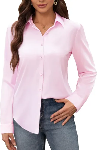 Miniatura 18 de Siliteelon - Camisas de vestir para mujer, a prueba de manchas, sin arrugas, de manga larga, sólidas, para trabajo y negocios, con botones