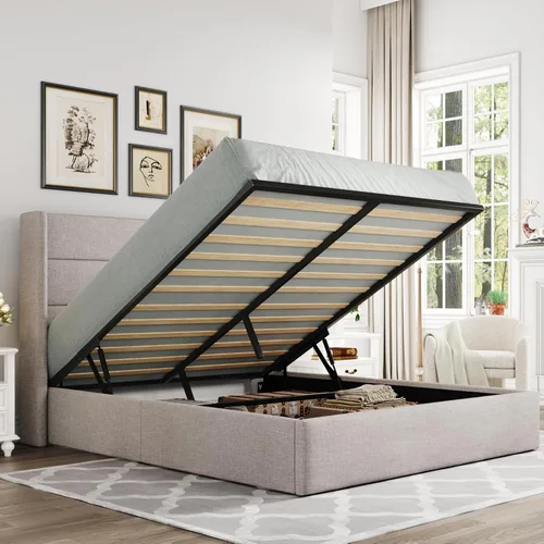 Miniatura 35 de Allewie Cama de Almacenamiento Elevable Tamaño Completo, Cabecero Capitonado con Botones con Respaldo de Ala, Soporte Hidráulico, No Necesita Gris