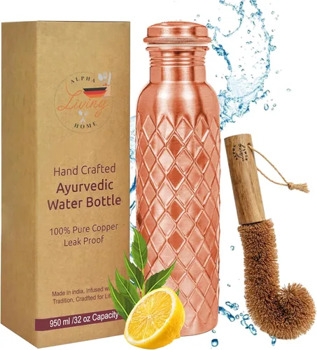 Botella de agua de cobre extra grande de 32 onzas, botella de cobre puro para agua potable, botella ayurvédica de diamante, recipiente a prueba de