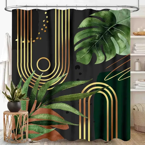 Miniatura 28 de Cortina de ducha bohemia, moderna de mediados de siglo, abstracto, tropical, palmera, salvia, hoja verde, botánica, fase lunar, arco estético