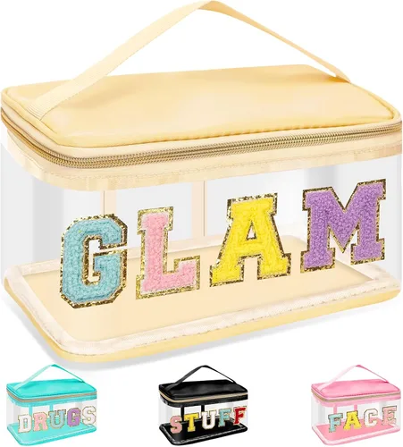 Miniatura 25 de izuzta Bolsas de maquillaje transparentes con letras de chenilla, bolsa de maquillaje de parche preppy con asa