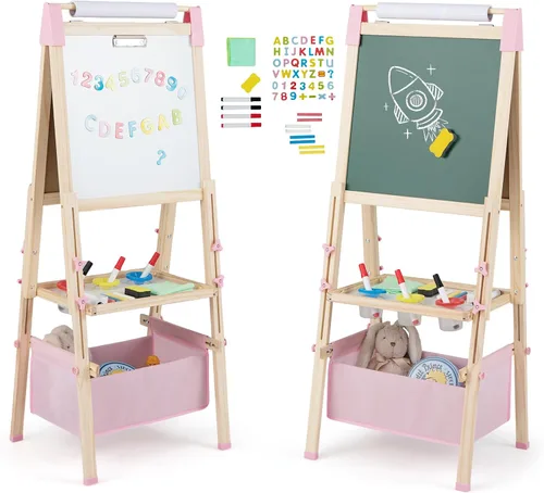 Miniatura 10 de HONEY JOY Caballete para niños, caballete de madera ajustable de doble cara con pizarra magnética y pizarra blanca, rollo de papel, más de 60