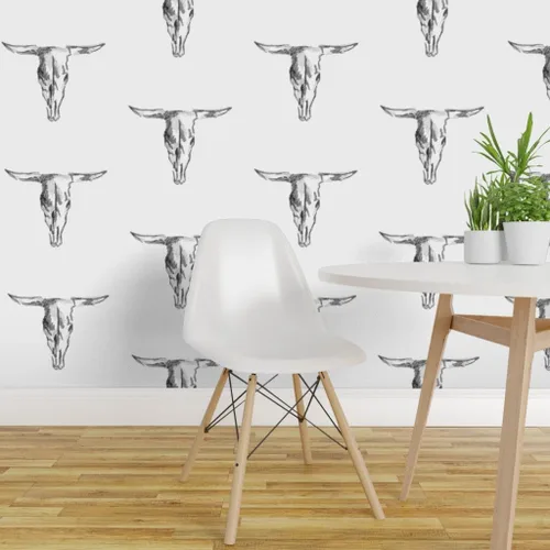 Miniatura 3 de Muestro de papel tapiz extraíble – vaca cráneo toro negro blanco vaquero occidental rústico personalizado pre-pegado papel pintado por Spoonflower