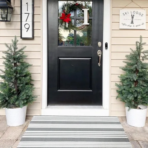 Miniatura 6 de USTIDE Tapete a rayas para puerta delantera 23.6'' x 35'' gris de algodón, alfombra para puerta delantera lavable, tapetes para puerta exterior