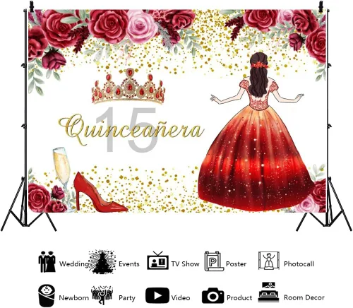 Miniatura 3 de YongFoto Telón de fondo de quinceañera de 5 x 3 pies para quinceañera de cumpleaños de 15 años, corona floral de rosa, fondo de cumpleaños