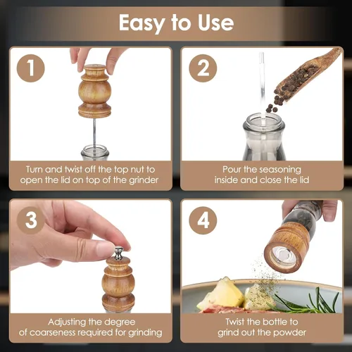 Miniatura 6 de Juego de molinillo de sal y pimienta de madera con bandeja y cuchara de madera, molinillo manual de sal y pimienta de 8 pulgadas, grosor ajustable